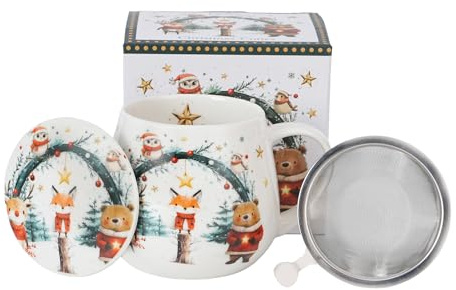 Teetasse mit Deckel und Sieb, 430 ml – Porzellan New Bone China, Edelstahl-Teesieb, Geschenkbox – Weihnachtsdesign – spülmaschinen- & mikrowellengeeignet – Geschenk (CHRISTMAS CUTIES 2)