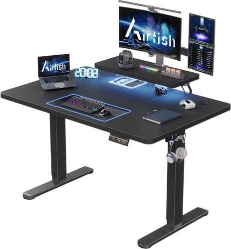 Airfish Höhenverstellbarer Schreibtisch 120 x 60cm mit Monitorständer | Schreibtisch Elektrisch mit LED Beleuchtung,Computertisch für Home Office und Gaming,Schwarz