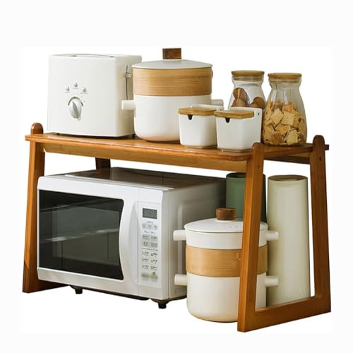 Supporto per forno a microonde in bambù a 2 livelli, ripiano multifunzione da cucina per tostapane ed elettrodomestici, per riporre il piano di lavoro, resistente supporto per microonde e condimenti