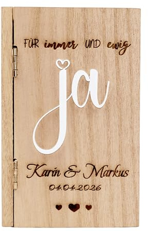 DigiNutz Personalisiertes Hochzeit Geldgeschenk – Holzbuch Ja | 3D-Acryl, Trockenblumen, Geldflasche | Geschenk zur Hochzeit.