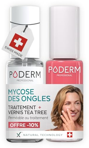 PODERM Sérum Mycose des Ongles + Vernis à Ongles Rose Corail – Antifongique, Répare & Camoufle les Ongles Jaunis, pour des Ongles Visiblement Plus Sains | Développé par une Podologue | Swiss Made