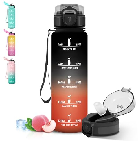 Grsta Botella Agua 1 litro, Cantimplora con Pajita, Diseño de Cerradura, con Marcador de Tiempo, A Prueba de Fugas Botella Agua Gimnasio para Deportes, Bicicleta, Hogar