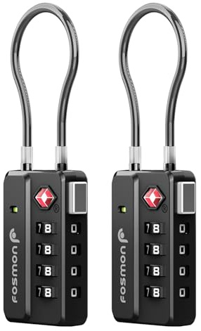 Fosmon TSA Approved Luggage Locks, 4 Digit Combination, 2 Pack Black | Open Alert Indicator, Heavy Duty Metal Body, Cable Travel Lock, Suitcase Backpack Padlock, Anti Theft Security