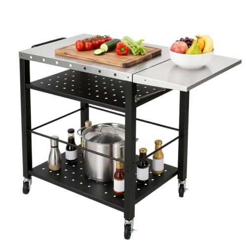 Chensyo Chariot de barbecue en acier inoxydable avec 4 étagères et roulettes - Table d'appoint de jardin avec poignée pour camping, terrasse, balcon et cuisine