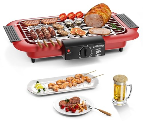 Barbacoa eléctrica de mesa eléctrica, barbacoa eléctrica, parrilla antiadherente sin humo para interiores/exteriores, 2000 W, tubo doble, parrilla de pie portátil extraíble de alta potencia (rojo