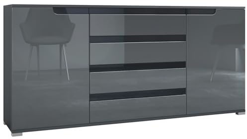 Vladon Sideboard Sylt V2, Kommode mit 2 Türen und 4 Schubladen, Korpus - Anthrazit matt/Front - Grau Hochglanz/Absetzung - Schwarz Hochglanz (166,5 x 75,5 x 35 cm)