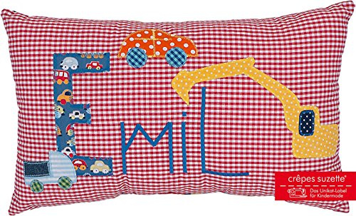 crepes suzette Kissen mit Namen, Geburtsgeschenk, Namenskissen Bagger, LKW