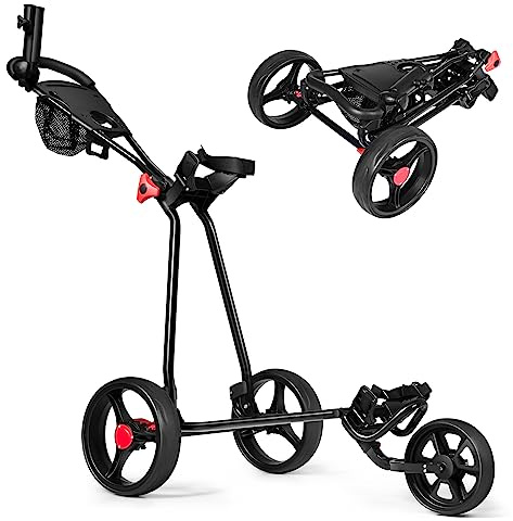 Tangkula Golf Push Cart, Lightweight Collapsible Golf Pull Cart, 3 Wheels Golf Trolley with Foot Brake Umbrella Holder & Cup Holder, Adjustable Handle and Storage Bag