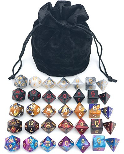 Assorted Polyhedral Dice Set with Black Drawstring Bag, 5 Complete Dice Sets of D4 D6 D8 D10 D% D12 D20 Great for Dungeons and Dragons DND RPG MTG Games