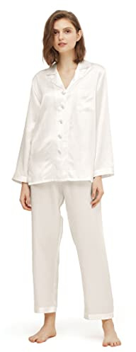 LilySilk Elegante Pigiama da Donna in Seta a Maniche Lunghe, Completo da Casa, Set Pigiama Natalizio, Confezione Riciclabile, bianco, M
