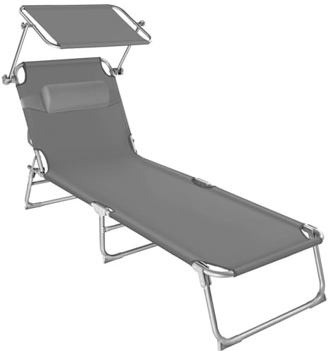 TecTake® Lettino, Sedia a Sdraio con Parasole, Schienale Regolabile in 4 Posizioni, Rivestimento Resistente, Giardino, Spiaggia, Lettino da Sole, Lettino pieghevole - Grigio