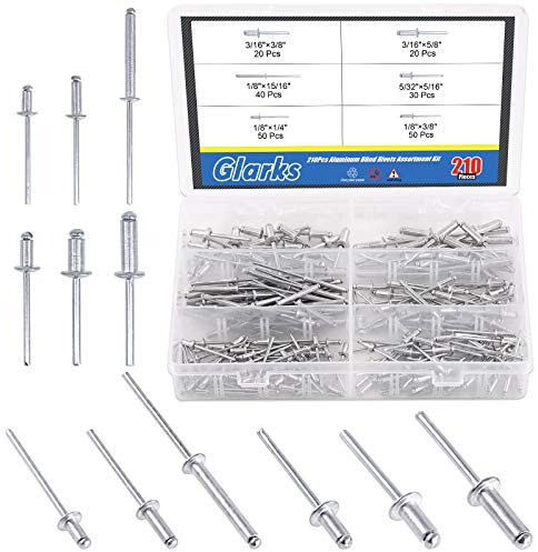 Glarks Rivetti ciechi con testa a cupola, corpo in alluminio, 210 pezzi, 6 dimensioni, in acciaio, set assortito