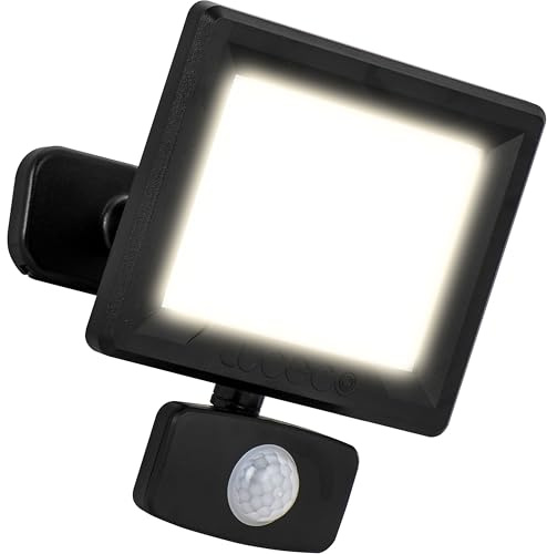 Luceco Outdoor Security LED Floodlight with PIR Motion Sensor for Driveways, Walkways and Gardens, Fit & Tilt Multi-Positioning, Exterior Lighting, Essence, Black, IP65, 20W, 2100lm, 4000K, EFLD20B40P