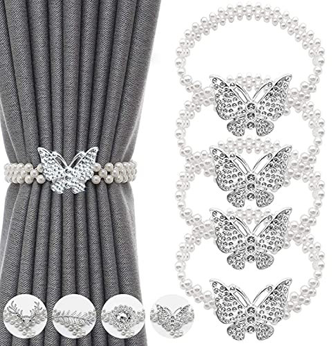 Ferma Tende 4 Pezzi, Fermatenda de Muro con Forte di Perle Cordino Elastico, Fermatende a Farfalla in Metallo, per la Decorazione Interni ed Esterni Tenda