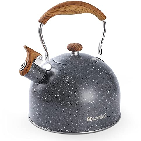 Tea Kettle, BELANKO 85 OZ / 2.5 Liter Whistling Tea Kettle, Tea Pots for Stove Top Food Grade Stainless Steel with Wood Pattern Folding Handle, Loud Whistle Kettle for Tea, Coffee, Milk - Gray