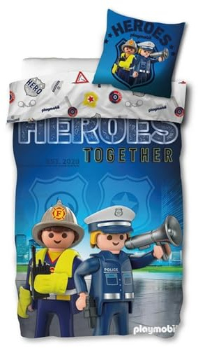 SkyBrands Playmobil Ropa de cama de 135x200 cm, 80x80 cm, juego de ropa de cama infantil de algodón, policía, regalo de bomberos, 2 piezas, 1 funda nórdica y 1 funda de almohada