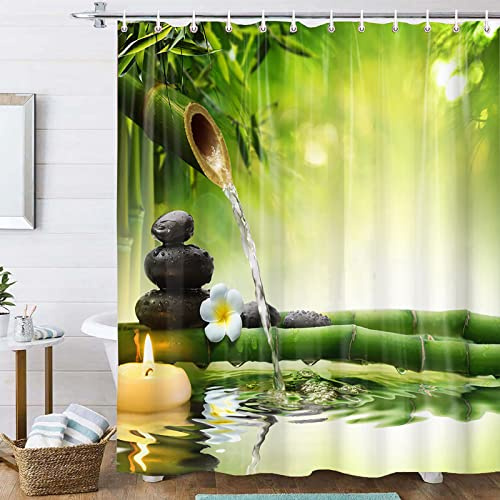 OCEUMACO Duschvorhang 120x180 Zen Shower Curtains Textil Antischimmel Wasserdicht 3D Orchidee Bambus Duschvorhänge Badewanne Stoff aus Polyester Waschbar Vorhang mit Ringe - Grün