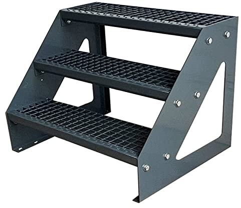 Kaminbau Mierzwa Premium Stahl Treppe Freistehend Verzinkt & komplett Anthrazit Pulverbeschichtet 3 Stufen (Breite 120 cm) (Höhe 57 cm) Wetterfest Gitterroststufe Gartentreppe
