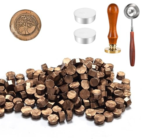 Lot de 200 sceaux de cire à cacheter avec 1 tampon arbre de vie, 1 cuillère à fondre, 2 bougies chauffe-plat, pour vernis à cacheter vintage et lettres, invitations, paquet cadeau (I)