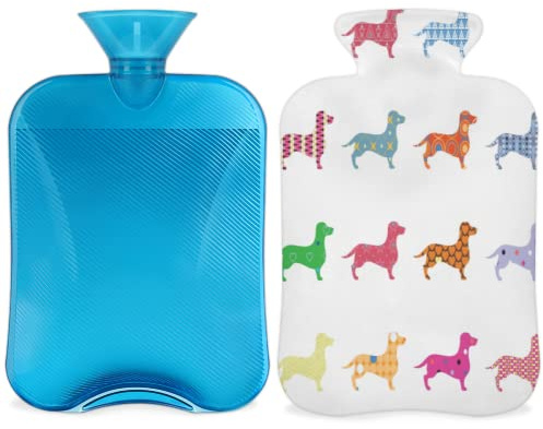Bunte Wärmflasche für Hunde, Dackel, mit Bezug, 2 l, niedlicher PVC-Wärmbeutel für Handfüße, Schmerzlinderung, Wärmekompresse und Kältetherapie