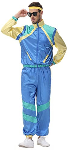 Herren 80er 70er Jahre Outfit Trainingsanzug Jogginganzug Faschingskostüm Männer Disco Fever Kostüm Halloween Motto Party Karneval Cosplay Streatwear Retro Trainingsjacke Hose mit Stirnband Blau M