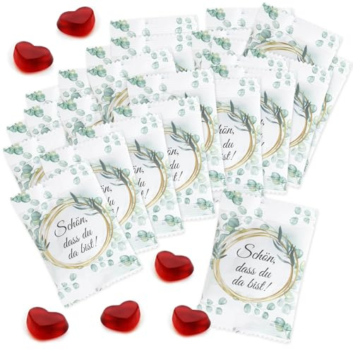 FOOD crew Fruchtgummi Herzen „Schön, dass du da bist“ 25 x 10 g - Herz Gummibärchen - Als Gastgeschenke Hochzeit Süßigkeiten - Schön dass du da bist Gastgeschenk - Hochzeits Give Aways
