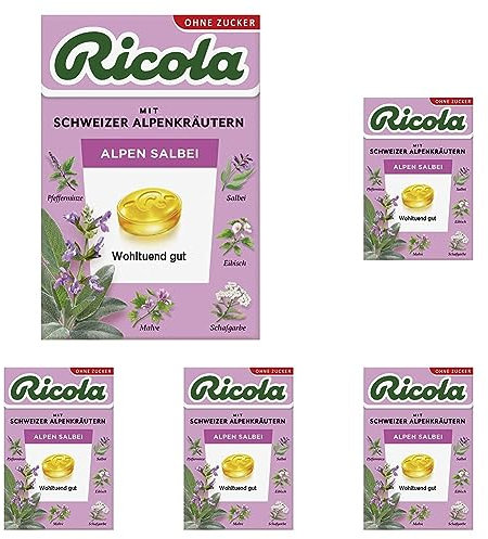 Ricola Alpen Salbei, 50g Böxli Original Schweizer Kräuter-Bonbons mit 13 Alpenkräutern, wohltuendem Salbei & Vitamin C, zuckerfrei, 1 x 50g (Packung mit 5)