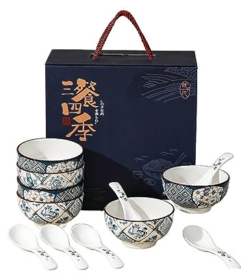 HQZT Homeware Set of 6 Ceramic Bowls with 6 Spoons – 300ml Japanese Style Floral Dishes for Ramen, Pasta, Cereal, Snacks, Dessert – Gift Boxed – Microwave & Dishwasher Safe