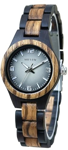 MII YEW Wooden Watch for Women Natural Wood Round Analog Quartz Watches with Gradient Grey Dial Extra Links