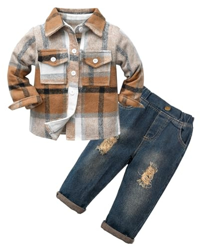 Volunboy 2 Pezzi Flanella Camicia Quadri+ Jeans Blu Strappati, Bambino Maschio Autunno Vestiti Completi Abiti Set(Bianco Cachi,1-2 anni,Taglia 90)