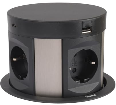 LEGRAND, Incara Tower 120 654982 Prise encastrable avec système de levage Multiprise de table, 2 ports USB-A, 2 ports USB-C, 4 prises, 2 fiches P+E, profondeur d'encastrement : 181,7 mm, 250 V, 15 W,