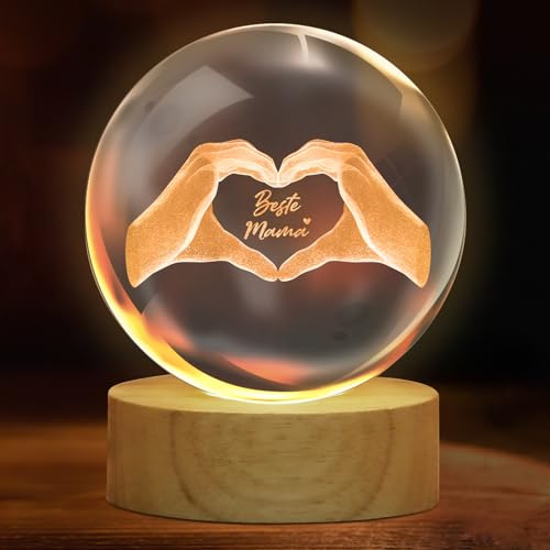 TUZELIYA Muttertagsgeschenk für Mama - 3D Glas Kristall mit Holzsockel Gravur Herz aus Zwei Händen und Text Beste Mama - Geburtstagsgeschenk für Frauen Muttertags Geschenke