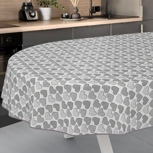Nappe en toile cirée lavable, pour table de jardin, pour l'extérieur et l'intérieur, ovale, 180 x 140 cm, avec ourlet, cœur gris