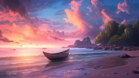 adrium Acryl-Bild 120 x 70 cm: Generative KI: Wunderschöne natürliche Küstenlandschaft eines tropischen Strandes mit einem Boot im Meer bei Sonnenuntergang (209958383)