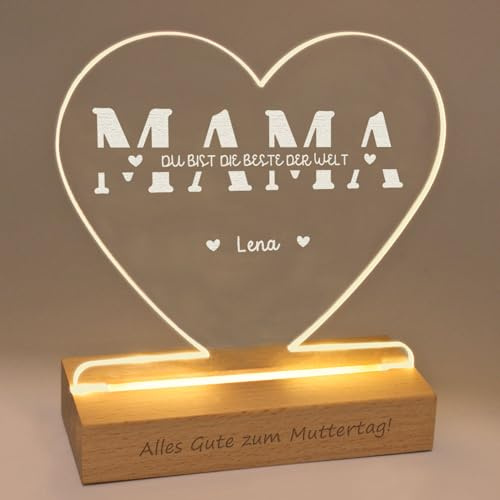 LASERO' Personalisierte Lampe Herzform für Muttertag – Bilderrahmen Herz mit “Mama” Gravur und Holz-Basis – Geschenk Mama Geburtstag, Personalisiert Herz Lamp mit Namen der Kinder