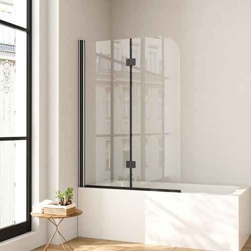 Duschwand für Badewanne 100 x 140 cm Schwarz Badewannen Duschwand 2-teilig Duschfaltwand für Badewanne aus Gehärtetem Sicherheitsglas mit NANO Beschichtung,Leicht zu Reinigen