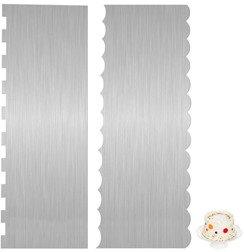2Pcs Stainless Steel Cake Scraper Large Smoother Cake Scraper Smoother, Double Sided Patterned Edge Stripe Edge Cake Icing Smoother for Mousse Butter Cream Cake Decoration