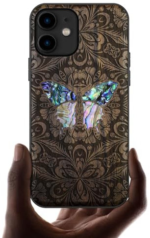 Carveit Etui pour iPhone 11 Coque [Bois et Incrustation de Coquille] Souple TPU de Téléphone Compatible avec Apple 11 Étui (Noyer-Papillon Baroque)
