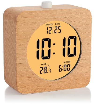 Plumeet Holz Digitalwecker, 10cm Batteriebetriebener Wecker mit Schlummer und Nachtlicht, Elektronische LCD Tischuhr mit Zeit, Datums, Temperatur, 12/24 Stunden-Anzeige, Holzdekor, Quadratisch