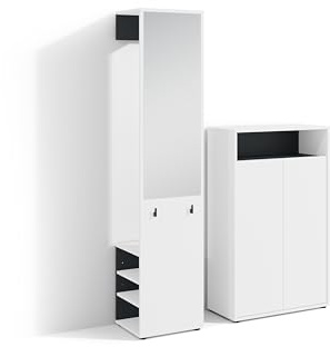 byLIVING Garderoben-Set Lyon, Hochschrank mit Spiegel, Schuhschrank | Melamin Weiß kombiniert mit Schwarz, B 40, H 185, T 35 cm, B 70, H 115, T 33,5 cm