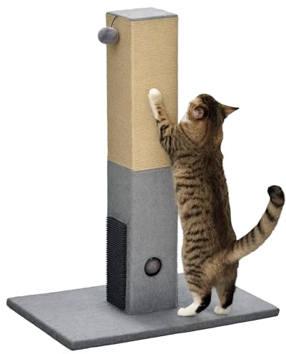 PawHut Poste Rascador para Gatos 79 cm Rascador para Gatos Arañador para Gatos con Bola Colgante Cascabel y Poste de Yute 59,5x39x79 cm Gris