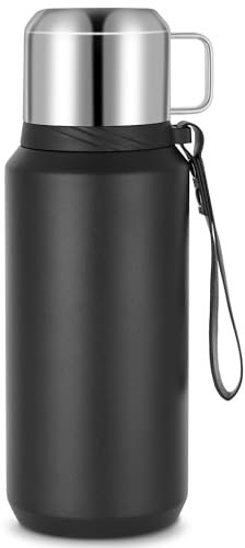 Thermosflasche 800ml - Edelstahl Thermoskanne für Warm und Kalt, Auslaufsichere Isolierkanne mit Becher für Unterwegs, Sport, Kaffee und Tee (Schwarz)