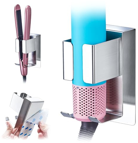 GGQ Föhn und Glätteisen Halterung, Föhn Halterung Föhnhalter Wand, Fönhalter Ohne Bohren, Lockenstab Aufbewahrung, Selbstklebend Fönhalterung, Haartrocknerhalter für Bad (Silber)