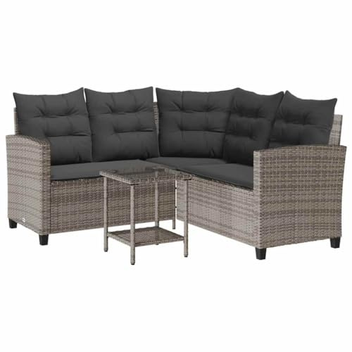 vidaXL Divano da Giardino con Tavolo e Cuscini a L Grigio Polyrattan, Divano da Esterno, Divano da Esterno a L, Divano angolare da Giardino