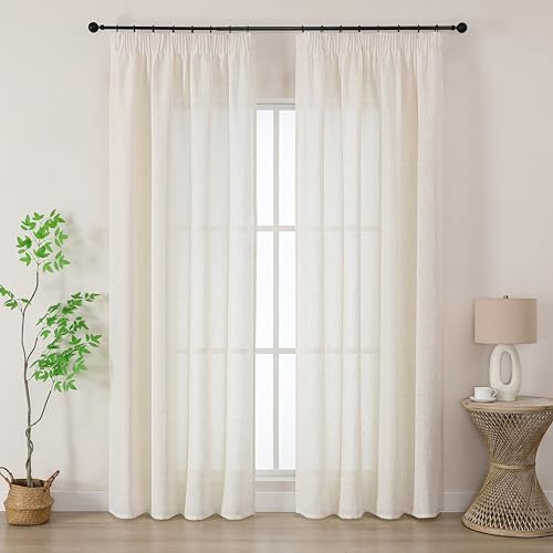 Joydeco Rideau Voilage Lin Naturel avec Galon Fronceur sur Rail 140x225cm 2 Panneaux, Rideaux Voilages Semi-Transparent Hauteur 225cm pour Decoration de Porte-fenêtre Chambre Salon, Beige Avoine