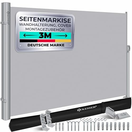 KESSER® Tenda da sole laterale in alluminio, allungabile e opaca, 300 x 200 cm, protezione da giardino e dal vento con avvolgimento automatico per balcone e terrazza, tenda laterale con copertura