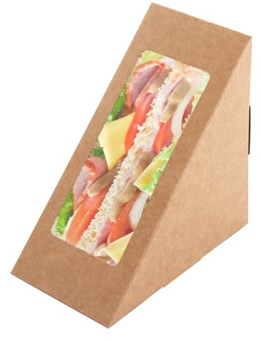 VIDETOL 100 Pcs Recyclable Kraft Paper Sandwich Wedge with Clear Window, Deep Fill Triangles, Disposable Sandwich Box, Ideal for Food Packaging, Lunch Box, Bakery