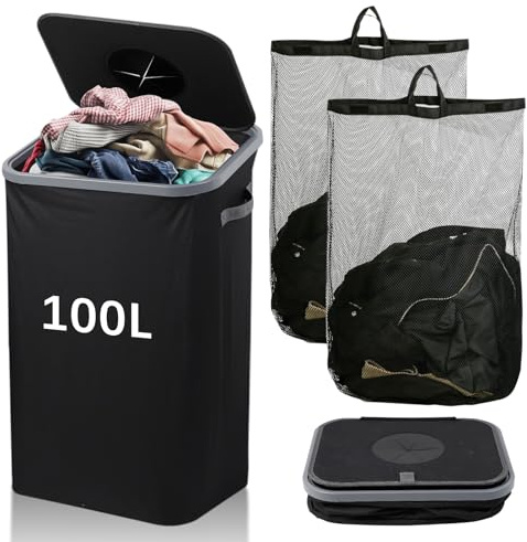 FYting Panier a Linge,100L Corbeille a Linge,Panier a Linge Pliable Avec Couvercle XXL,avec 2 pièces Sac IntéRieur éTanche Amovible,Sac de Design di Apertura Incline pour Vêtements,Bouteilles (Noir)