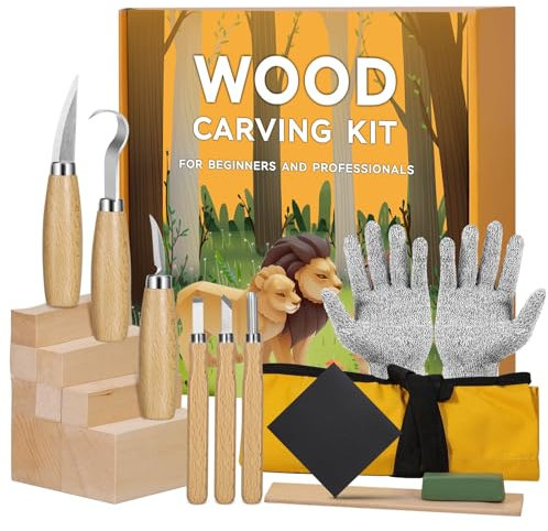 Strumenti Per Intaglio Del Legno, 19 in 1 Kit Intaglio Legno per Adulti, Bambini, Principianti, Include 8 Strumenti per Intagliare il Legno, 6 Coltelli da Intaglio, Guanti Resistenti al Taglio