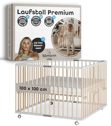 Sämann Faltbarer Baby Laufstall aus Holz I Weiß/Natur 100x100 cm I Inkl. Matratze SleepPlus I Höhenverstellbares Babybett aus Buchenholz I Laufgitter mit gummierten Rollen I TÜV geprüft